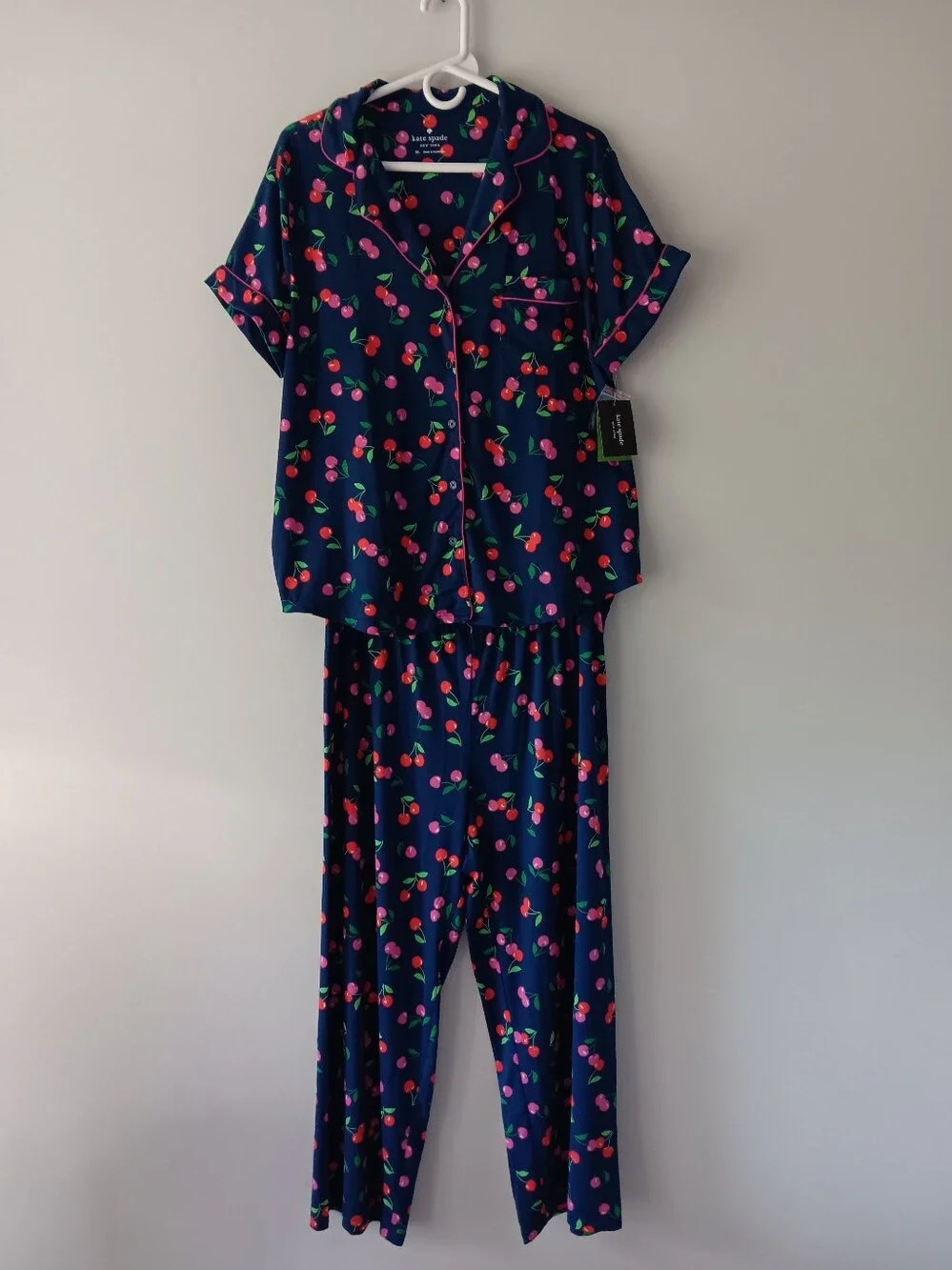 Kate Spade Short Sleeve Pajama Pant Set 2 Pc Red Pink Cherries Indigo Blue XL